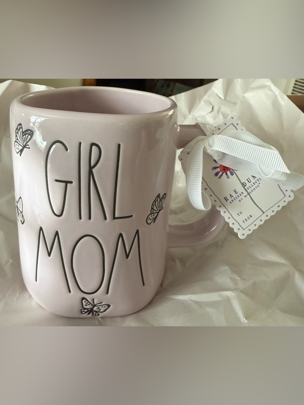 Rae Dunn Pink 'GIRL MOM' Ceramic Mug with Butterflies